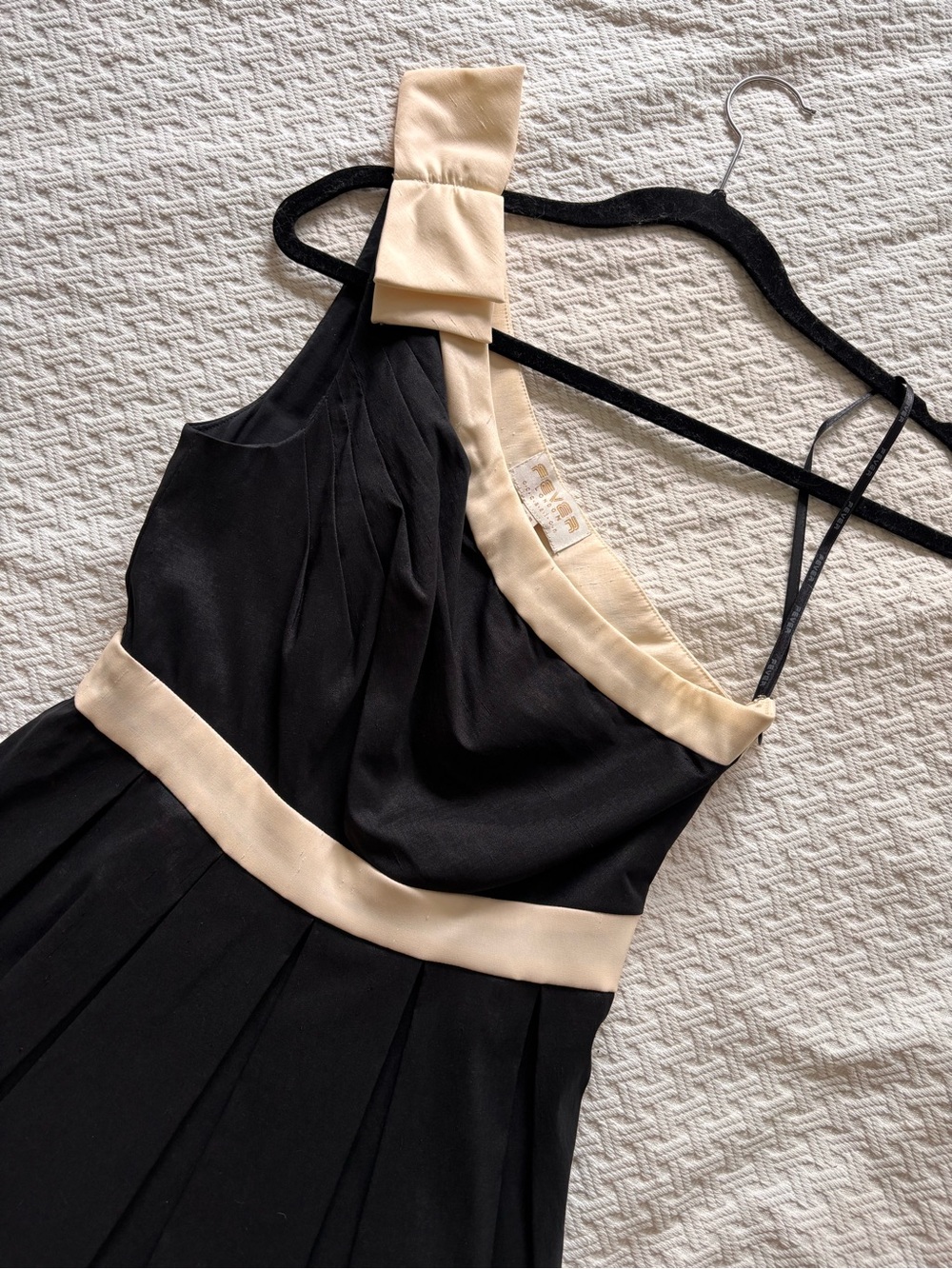 Vintage One-Shoulder Black Dress with Cream Trim